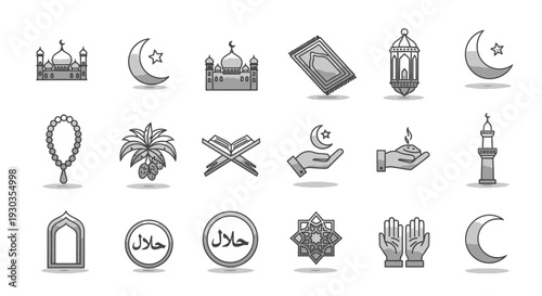 Islamic symbols and icons set in grayscale illustration.