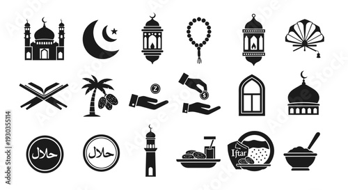 Islamic symbols and icons collection in black and white.