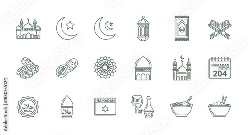 Collection of Islamic symbols and icons for cultural and religious representation.