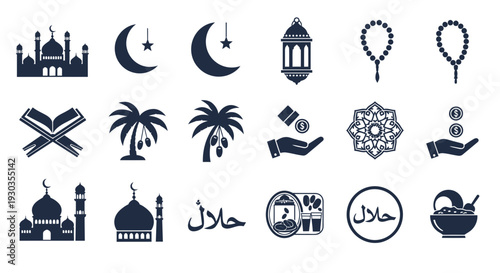Collection of Islamic Symbols and Icons in Dark Blue.