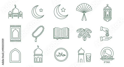 Islamic symbols and elements collection line art icons.