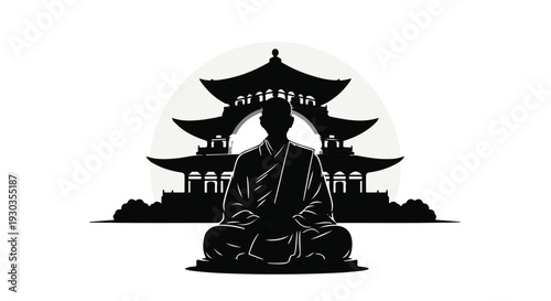 Serene monk meditating in front of traditional temple architecture, symbolizing peace and spirituality.