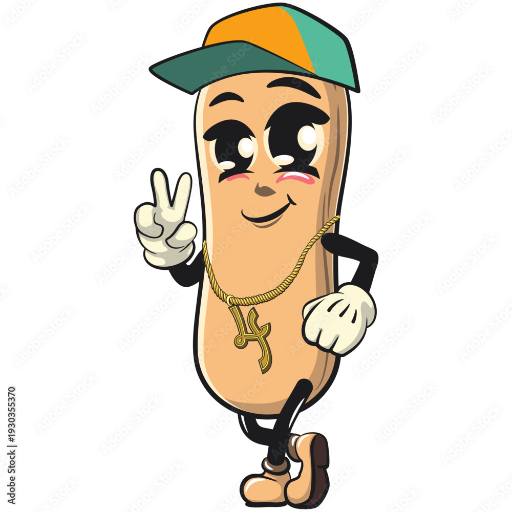 Obraz premium cute ladyfinger biscuit mascot character wearing a hip-hop style hat and wearing a sparkling gold necklace, isolated vector illustration, work of hand drawn