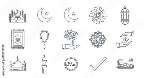 Islamic symbols and elements collection in minimalist line art style.