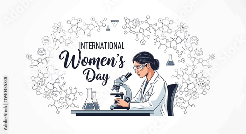 Illustration of a woman scientist working with a microscope on International Women's Day, surrounded by molecular structures and laboratory equipment, promoting Women Empowerment and Gender