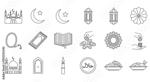 Islamic symbols and icons set in minimalist style.