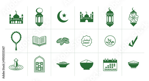 Collection of Green Islamic Symbols and Icons for Ramadan and Eid.