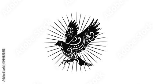 Elegant black bird with ornate patterns takes flight against a radiant sunburst.