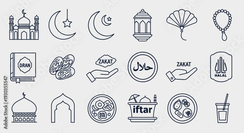 Ramadan icons set with Islamic symbols and fasting elements.