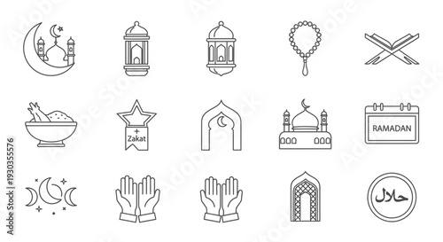 Collection of Islamic symbols and icons for Ramadan and Hajj.