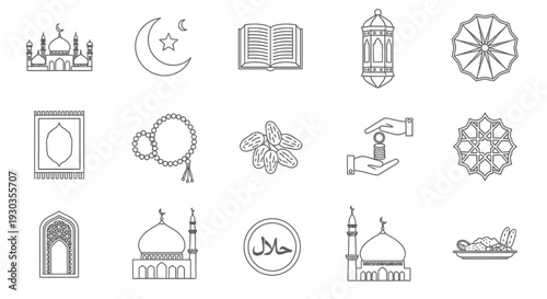 Collection of Islamic symbols and icons in minimalist line art style.