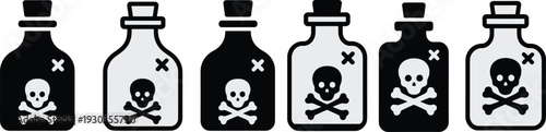 Vector illustration of poison bottles with skull and crossbones icons, alternating black and white design, symbolizing danger, toxicity, and hazardous substances.
