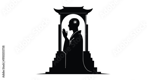 Silhouette of a monk in prayer within a temple gate, symbolizing peace and mindfulness