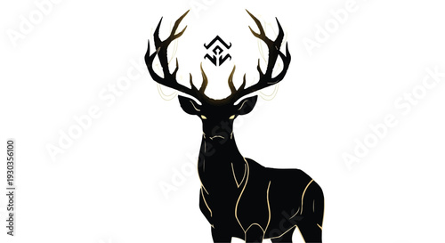 Majestic black stag with ornate antlers and glowing golden lines, symbolizing power and mystery.