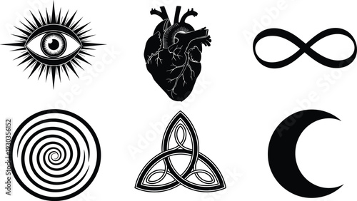 Black Mystical Icon Set with Realistic Human Heart All Seeing Eye Infinity Symbol Crescent Moon Celtic Trinity Knot and Spiral Graphics for Esoteric Branding Design