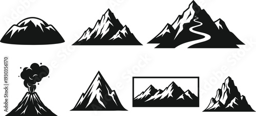Black Mountain Range Silhouette Icon Set with Volcanic Eruption Peak Winding Trail and Alpine Ridge Graphics for Adventure Travel Logo Design and Outdoor Branding