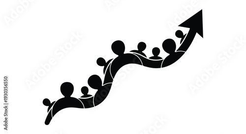 Silhouettes of people climbing a rising arrow graph, symbolizing growth and progress.