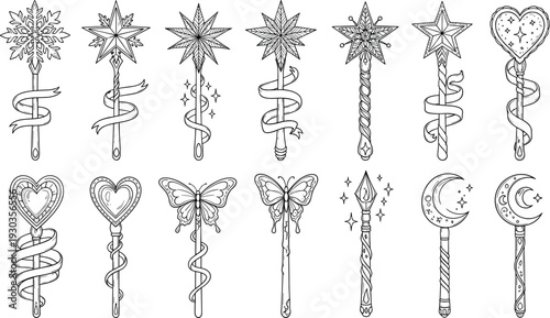 Set of Magical Wand Line Art Illustrations Featuring Celestial Stars Moons Hearts and Butterflies Isolated on White Background for Fairy Tale Fantasy Graphic DesignSet of Magical Wand Line Art