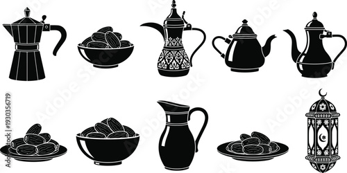 Arabic Coffee Dallah and Dates Icons Set with Ramadan Lantern Silhouette Vector for Islamic Culture Traditional Food and Drink Illustration