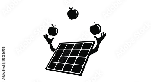 Solar panel juggling apples, symbolizing sustainable energy and healthy living.