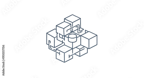 Abstract geometric structure with interconnected cubes and cylinder.
