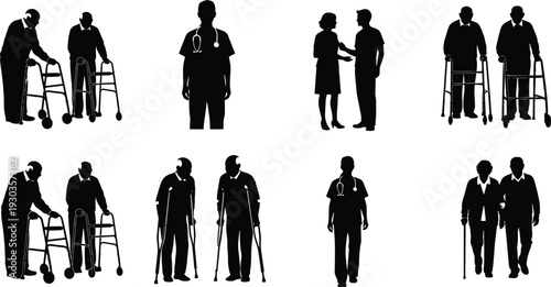 Silhouette collection of elderly people using walkers, crutches, and canes with healthcare professionals and nurses providing geriatric medical support in a nursing home facility.