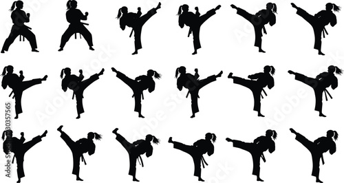 Silhouettes of a female martial artist practicing karate and taekwondo kicks and stances in various positions isolated on white background for sports and fitness