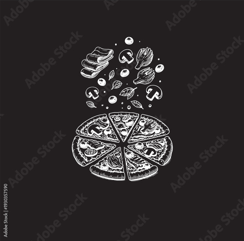 Pizza Capricciosa with flying ingredients vector sketch on a black background with white chalk