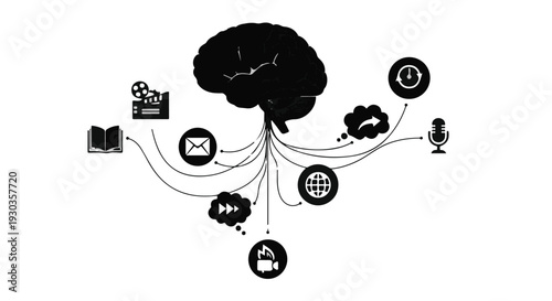 Digital connections and information flow from a stylized brain icon, representing data and communication.