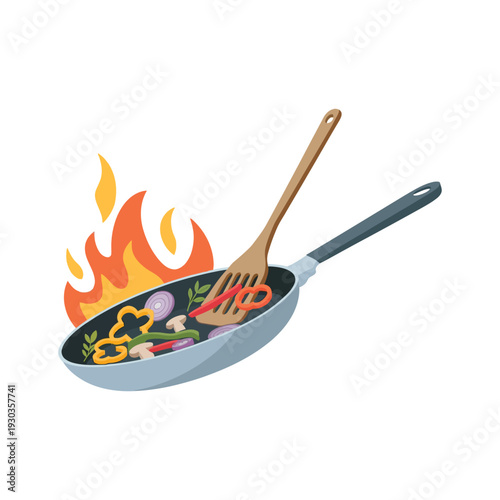 Cooking Vegetables in Frying Pan Illustration – Healthy Stir Fry Meal Vector Icon