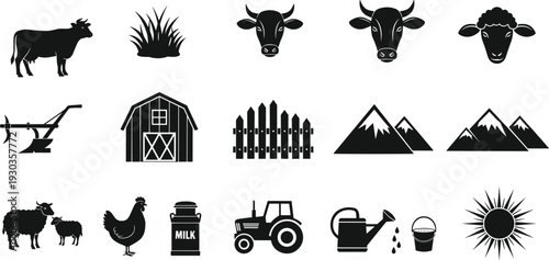 Black Farm Silhouette Icon Set with Livestock Cow Sheep Chicken Tractor Barn Fence Grass Mountains Sun and Agriculture Equipment Vector Elements