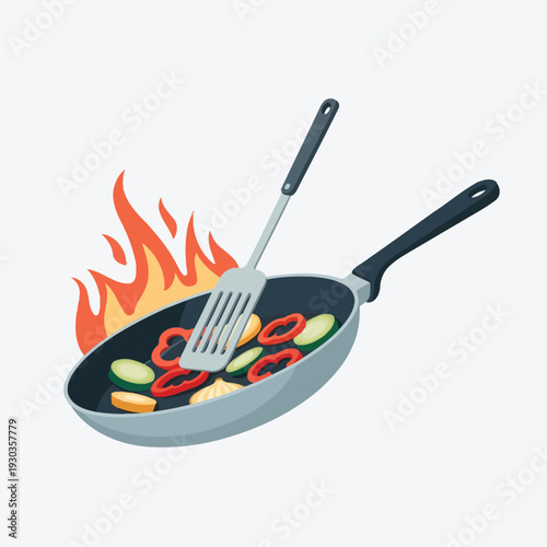 Cooking Vegetables in Frying Pan Illustration – Healthy Stir Fry Meal Vector Icon