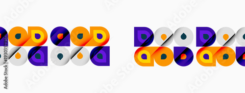 Geometric pattern repeats twice. Squares, circles, colors create modern design. Orange, purple, gray dominate composition. Simple shapes.