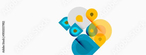 Abstract geometric shapes overlap, creating vibrant composition. Yellows, blues, whites dominate design. Modern, playful aesthetic.