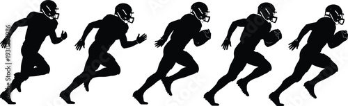 Silhouettes of American football players in dynamic action poses including running catching and throwing isolated on white background for sports competition and team spirit
