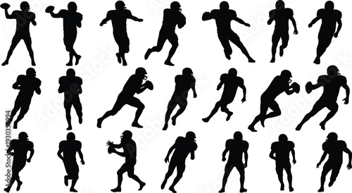 Silhouettes of American football players in various action poses like running throwing and catching isolated on white background for sports competition and team spirit