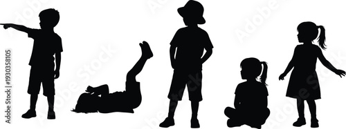 Black silhouettes of diverse young children playing and posing in various positions including standing pointing sitting and lying on floor