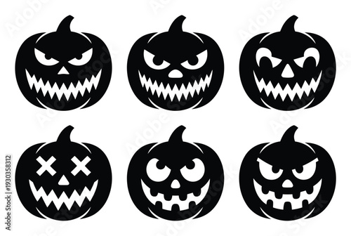 Six Black Silhouette Halloween Jack-o'-Lantern Faces with Different Expressions