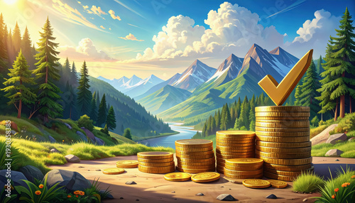 Golden Check Mark on Stacked Gold Coins in a Scenic Mountain Valley