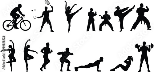 Silhouettes of diverse athletes practicing various sports including cycling tennis dancing martial arts running and weightlifting isolated on white background for fitness and lifestyle