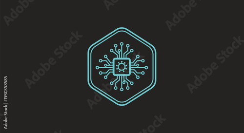 Abstract Hexagonal Icon of a Microchip with Circuitry.