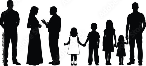 Silhouettes of diverse family members including adults and children standing and talking together isolated on white background for community social connection and domestic life