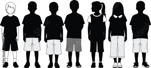 Group of diverse children silhouettes standing in a row including boys and girls in casual summer clothes for community concepts.