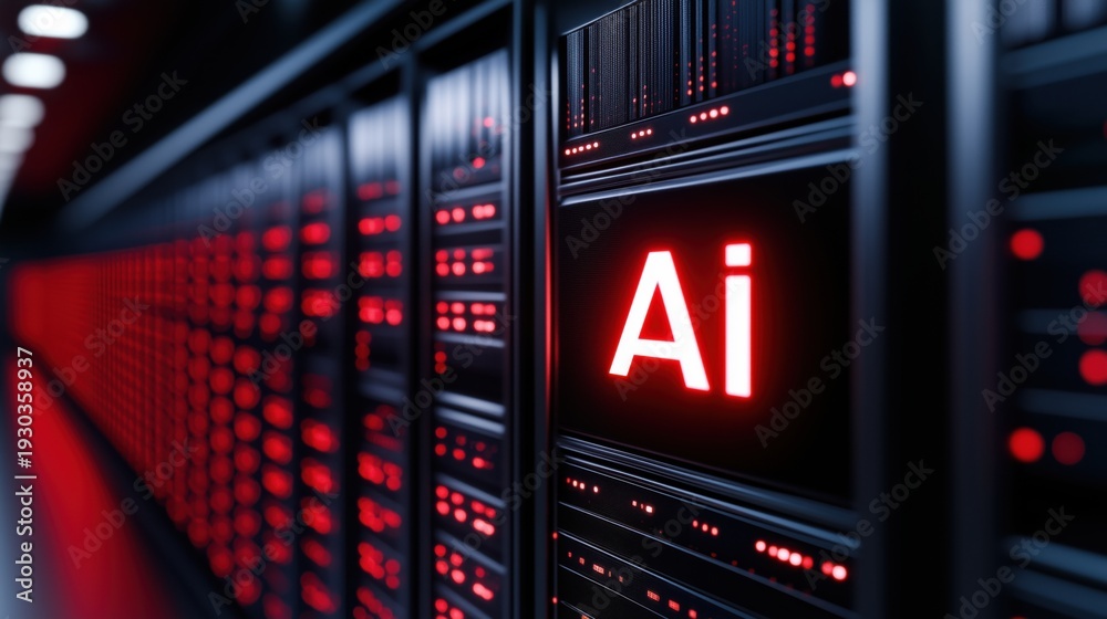 Obraz premium Modern data center with server racks and glowing AI display. High performance computing infrastructure. Artificial intelligence, cloud storage and cybersecurity technology concept