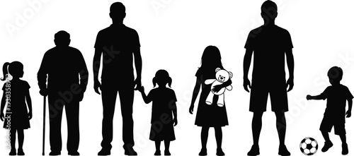 Silhouettes of diverse family members including children parents and senior man standing together isolated on white background for community social connection and domestic life