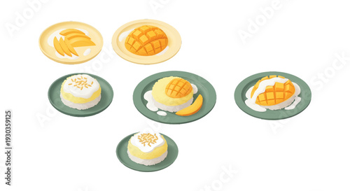 Thai Mango Sticky Rice 3D Illustration Set, Traditional Sweet Dessert with Coconut Milk and Fresh Mango, Authentic Southeast Asian Cuisine Isolated on White Background