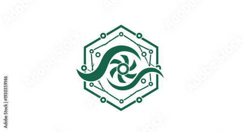 Abstract Hexagonal Technology Symbol with Swirls and Circuitry.