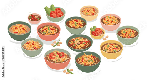 Thai Papaya Salad Som Tum Isometric Vector Illustrations in Colorful Bowls