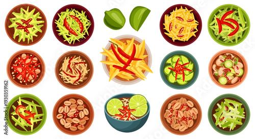 Thai Green Papaya Salad Som Tum Vector Illustration Set with Chili and Lime