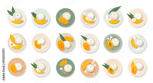 Thai Mango Sticky Rice Vector Illustration Set, Traditional Southeast Asian Sweet Dessert Top View Isolated on White Background
